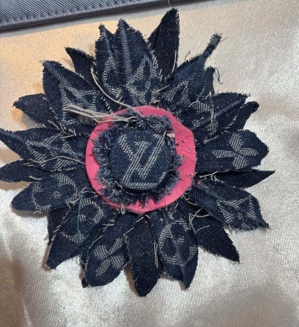 Upcycled given second life designer LV Denium flower bag tag or broach